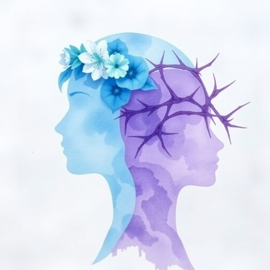 Delicate watercolor painting, ethereal vibe, two overlapping silhouetted human faces. Blue face with blue and white flower crown, purple face with thorns. Light blue to lavender gradient background with subtle thorn.jpg